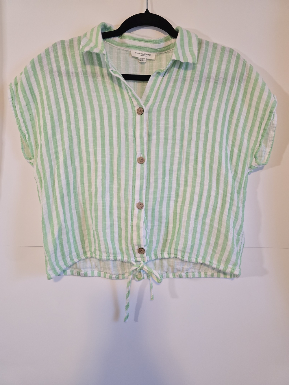 beachlunchlounge Women Stripe Green White Button-Up Shirt Drawstring Cotton Sz S